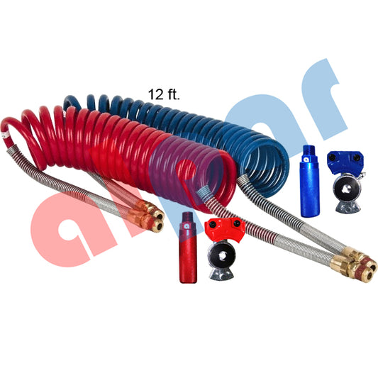 12ft Red & Blue Coiled Air Brake Hose Kit With Glad Hands & Aluminum Handles H-30317