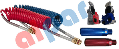 15ft Red & Blue Coiled Air Brake Hose Kit With Glad Hands & Aluminum Handles H-30318