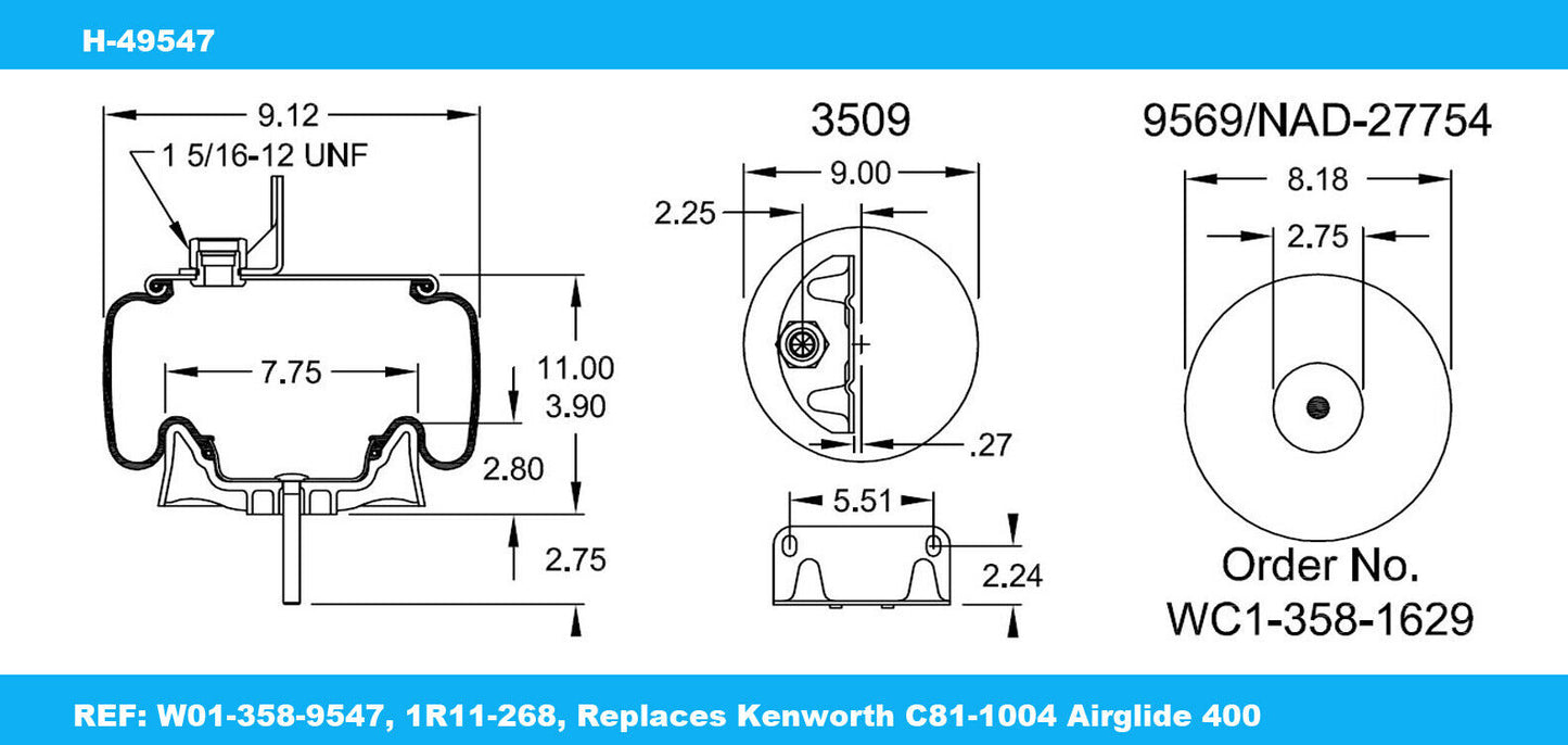 9547 Air Spring Ref:Kenworth C81-1004 Airglide 400, 1DK20G9547, AS-8859,1R11-268 H-49547