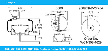 9547 Air Spring Ref:Kenworth C81-1004 Airglide 400, 1DK20G9547, AS-8859,1R11-268 H-49547