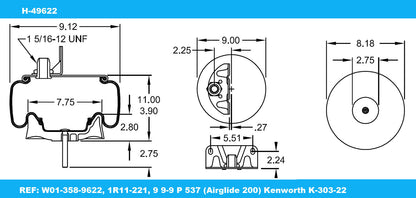 9622 Suspension Air Spring for Kenworth K-303-22, 1R11-221, AB1DK20H-9625 H-49622