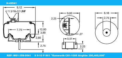 9541 Susp. Air Spring Ref:Kenworth C81-1005, Airglide 200,460,690, 9 9-10 P 861 H-49541