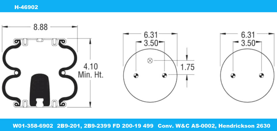 6910 Airbag, Air Spring Ref: Conv. W&C AS-0001, 2B9-200, Hendrickson 8768 H-46910